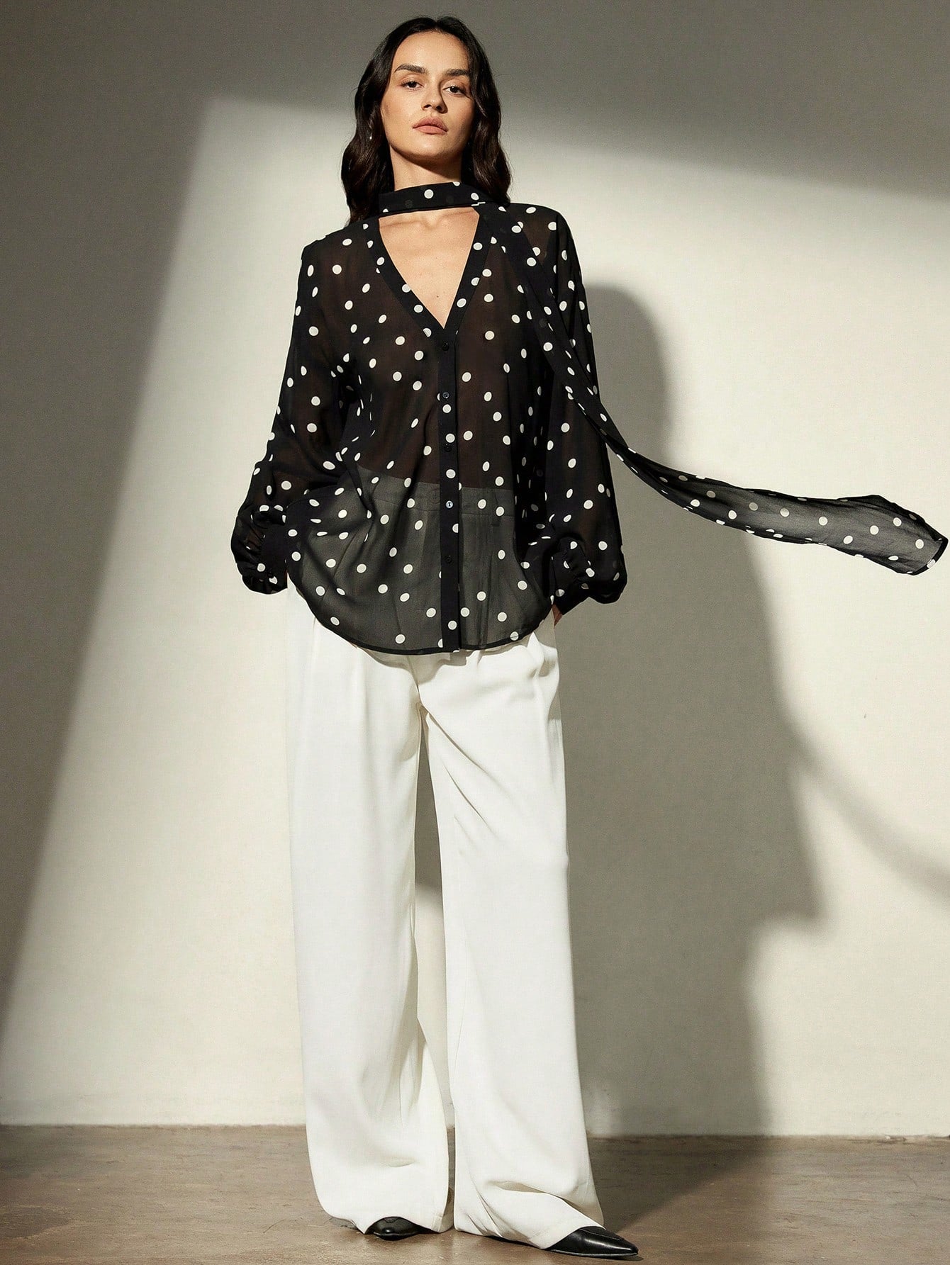 Ciel Poise Women's Blouse Slim Fit Chiffon V-Neck Matching Fabric Necktie Elegant Retro Business Casual Black White Polka Dot Polka Dot Top Elegant Women's