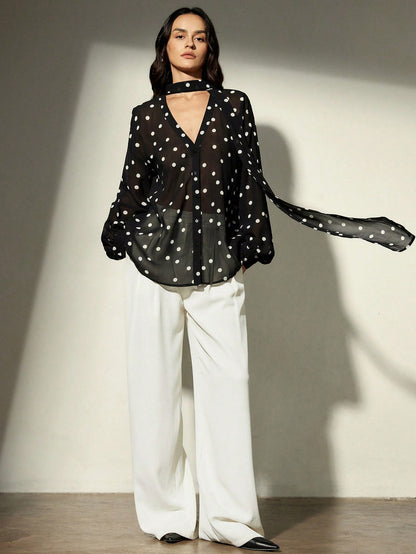 Ciel Poise Women's Blouse Slim Fit Chiffon V-Neck Matching Fabric Necktie Elegant Retro Business Casual Black White Polka Dot Polka Dot Top Elegant Women's