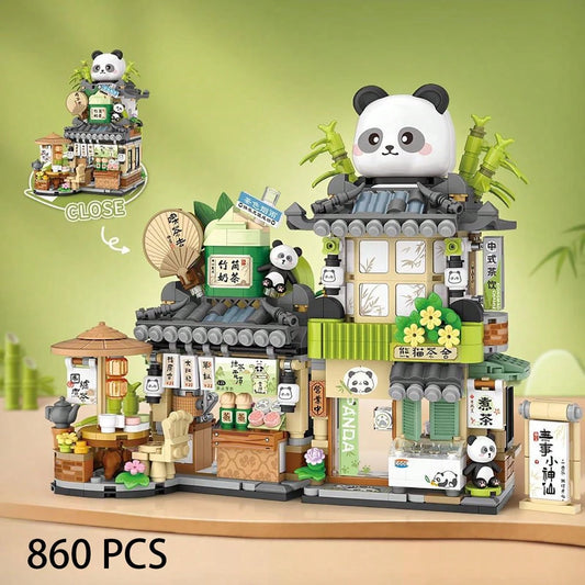 City Cafe Panda Teahouse Building Blocks Toys, Openable Panda Construction Tea Shop Building Toys, Mini Street Scape Building Blocks, Creative Brick Box Street View, Gift Halloween, Birthday, Christma