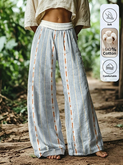 Clasi Cotton Women Casual Boho Holiday Printed Striped Long Pants Holiday Vacation Blue And White Stripe Striped Autumn Vacation