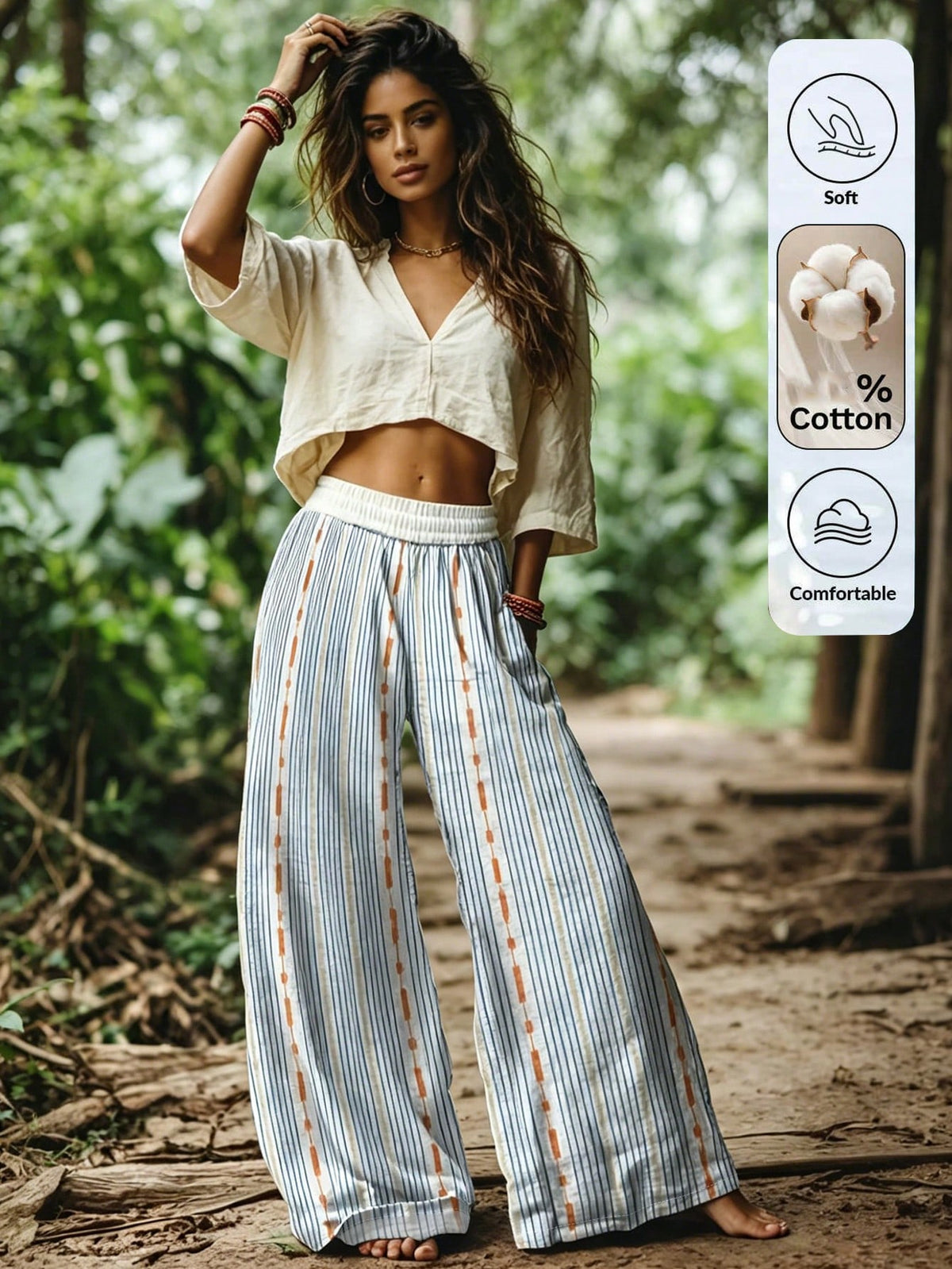 Clasi Cotton Women Casual Boho Holiday Printed Striped Long Pants Holiday Vacation Blue And White Stripe Striped Autumn Vacation