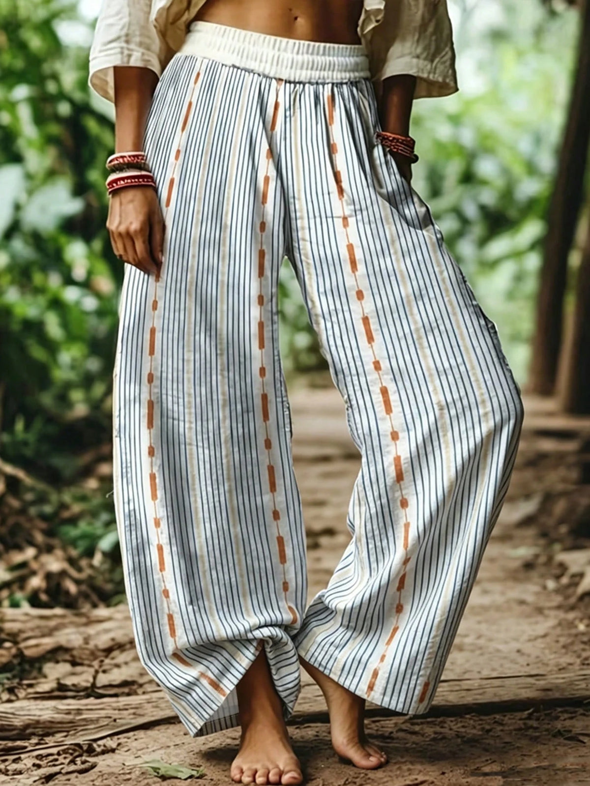 Clasi Cotton Women Casual Boho Holiday Printed Striped Long Pants Holiday Vacation Blue And White Stripe Striped Autumn Vacation