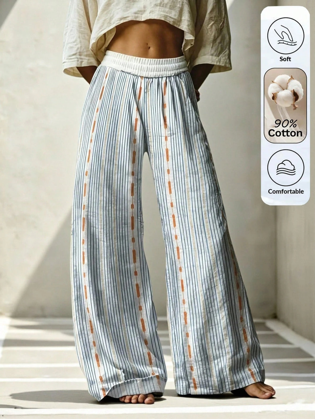 Clasi Cotton Women Casual Boho Holiday Printed Striped Long Pants Holiday Vacation Blue And White Stripe Striped Autumn Vacation