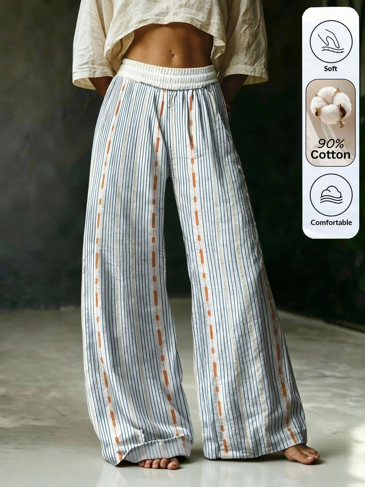 Clasi Cotton Women Casual Boho Holiday Printed Striped Long Pants Holiday Vacation Blue And White Stripe Striped Autumn Vacation