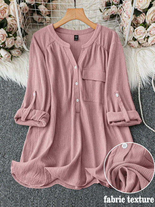 Clasi Plus Size Solid Color V-Neck With Pocket Casual Roll-Up Sleeve Shirt Fall Cloth For Women