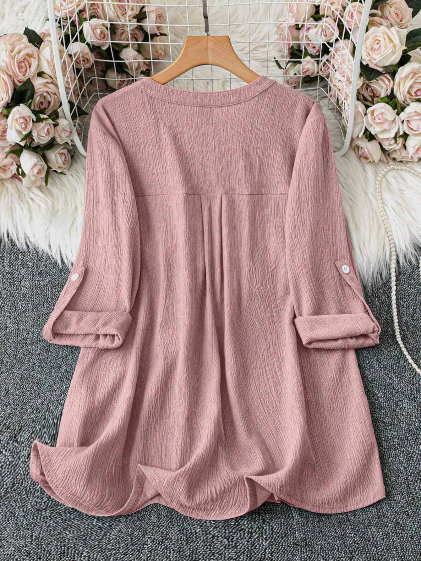 Clasi Plus Size Solid Color V-Neck With Pocket Casual Roll-Up Sleeve Shirt Fall Cloth For Women