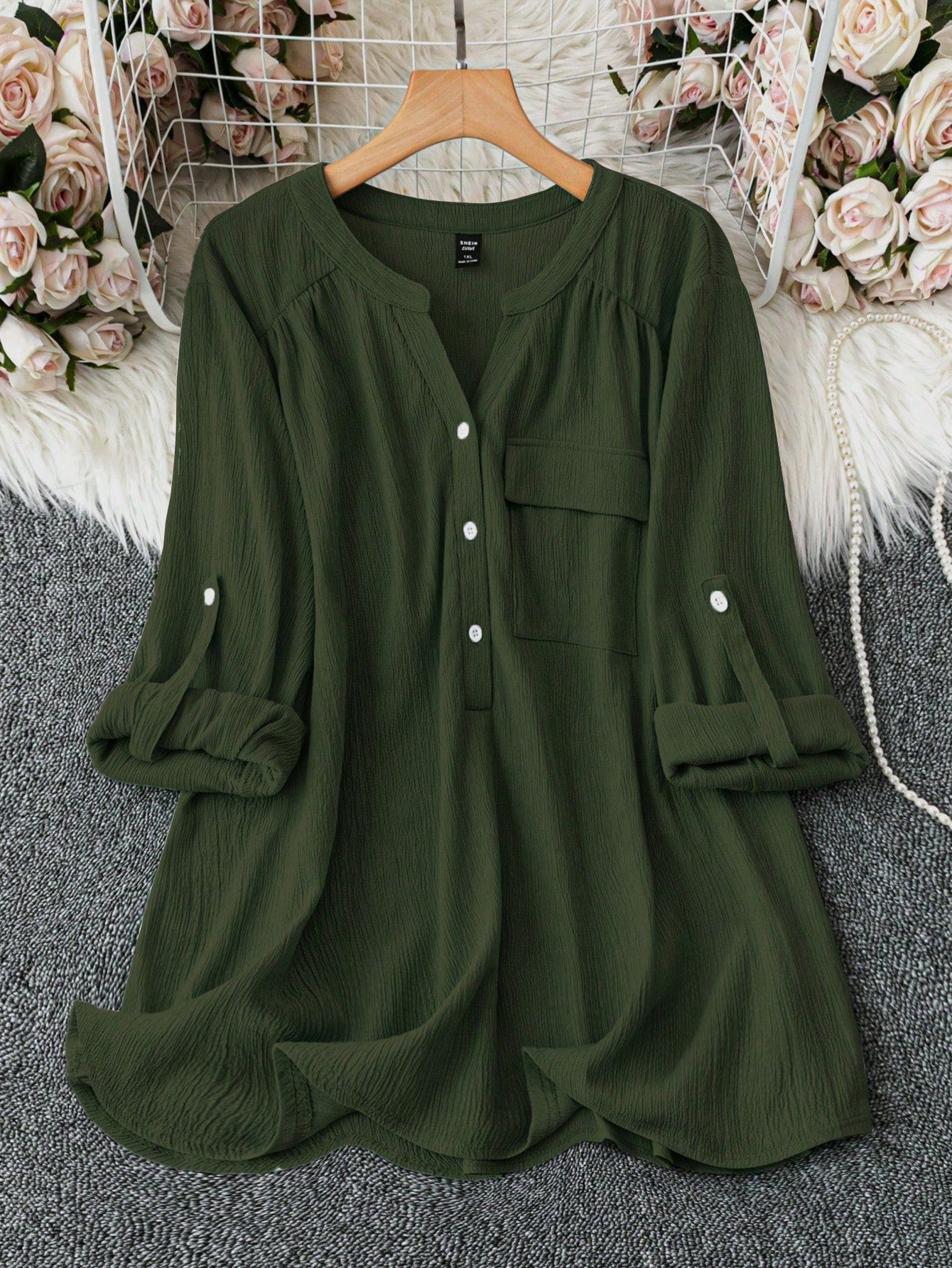 Clasi Plus Size Solid Color V-Neck With Pocket Casual Roll-Up Sleeve Shirt Fall Cloth For Women