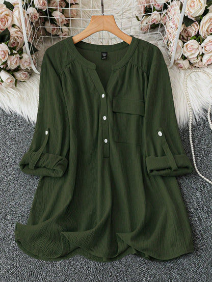 Clasi Plus Size Solid Color V-Neck With Pocket Casual Roll-Up Sleeve Shirt Fall Cloth For Women