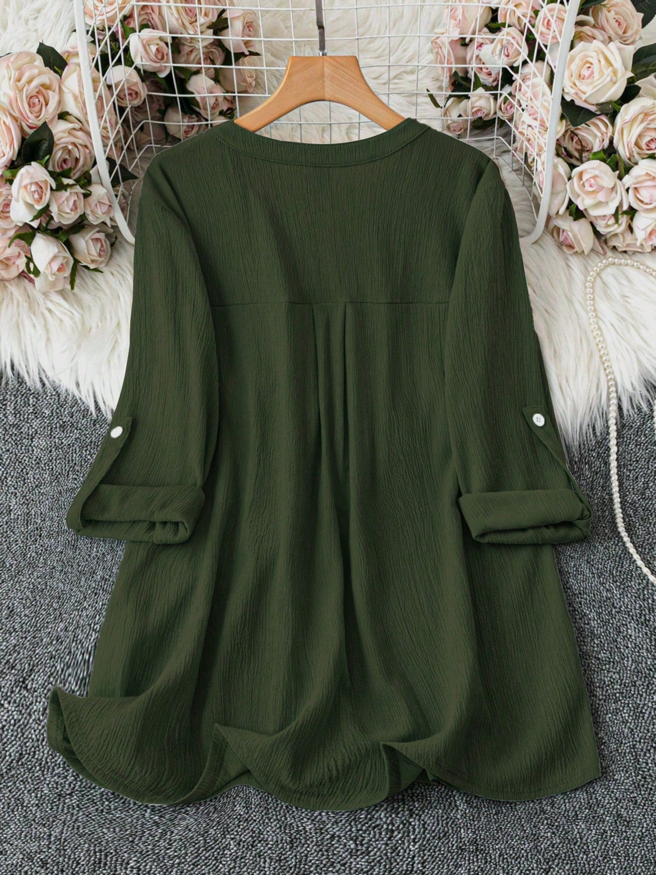Clasi Plus Size Solid Color V-Neck With Pocket Casual Roll-Up Sleeve Shirt Fall Cloth For Women