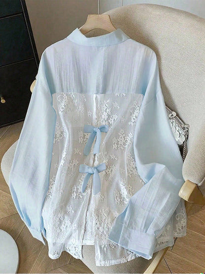 Clasi Plus Size Women's Elegant Lace Patchwork Bowknot Detail Long Sleeve Blouse