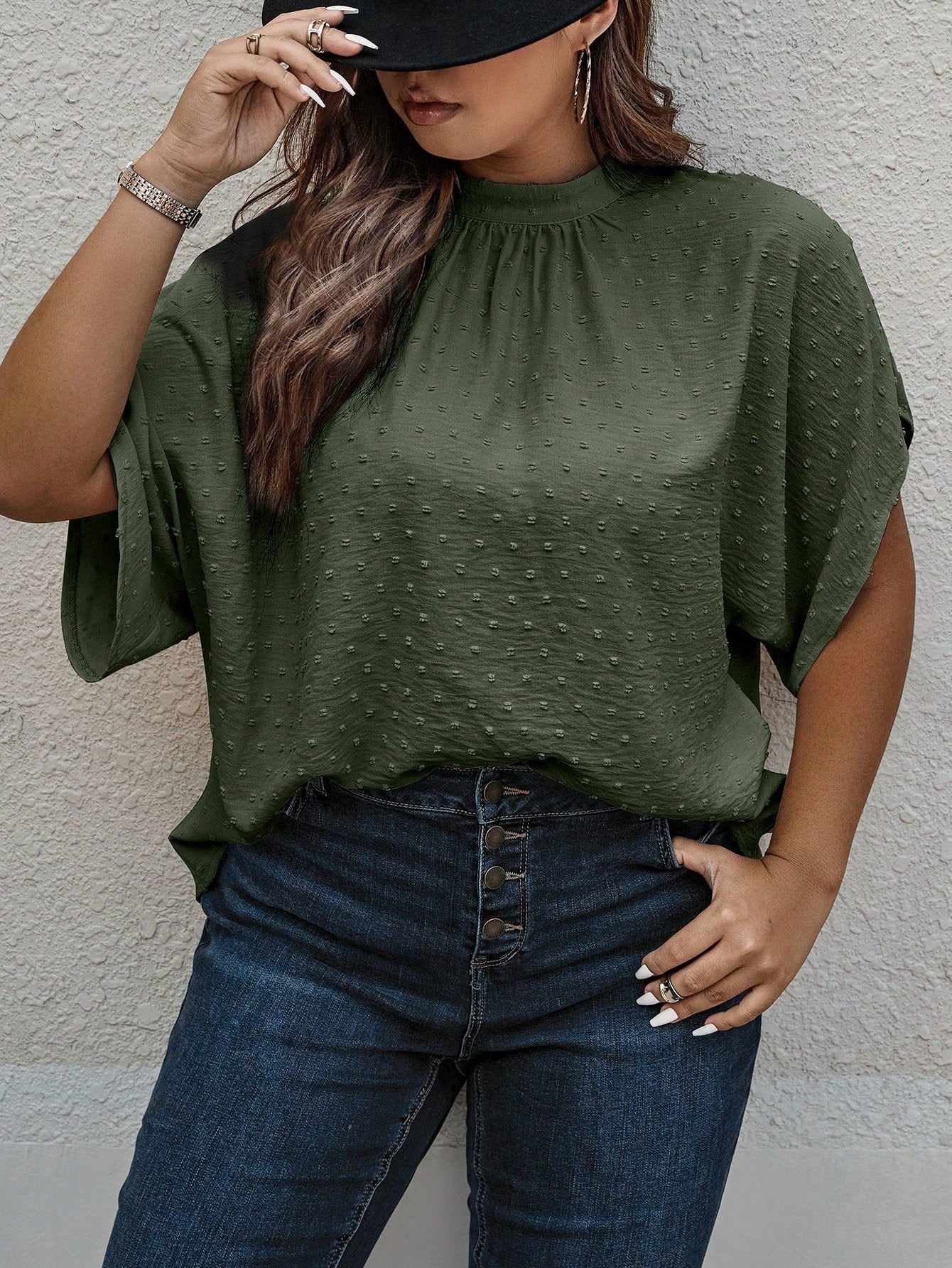 Clasi Plus Swiss Dot Batwing Sleeve Blouse