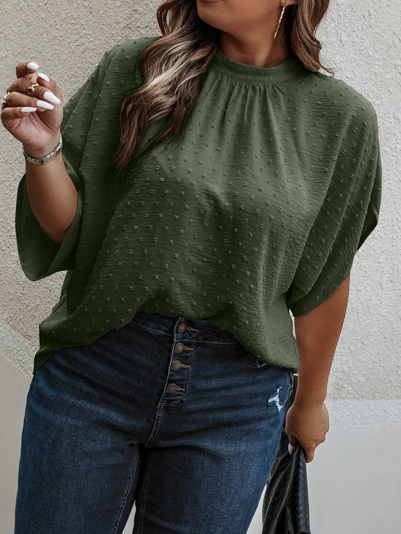 Clasi Plus Swiss Dot Batwing Sleeve Blouse