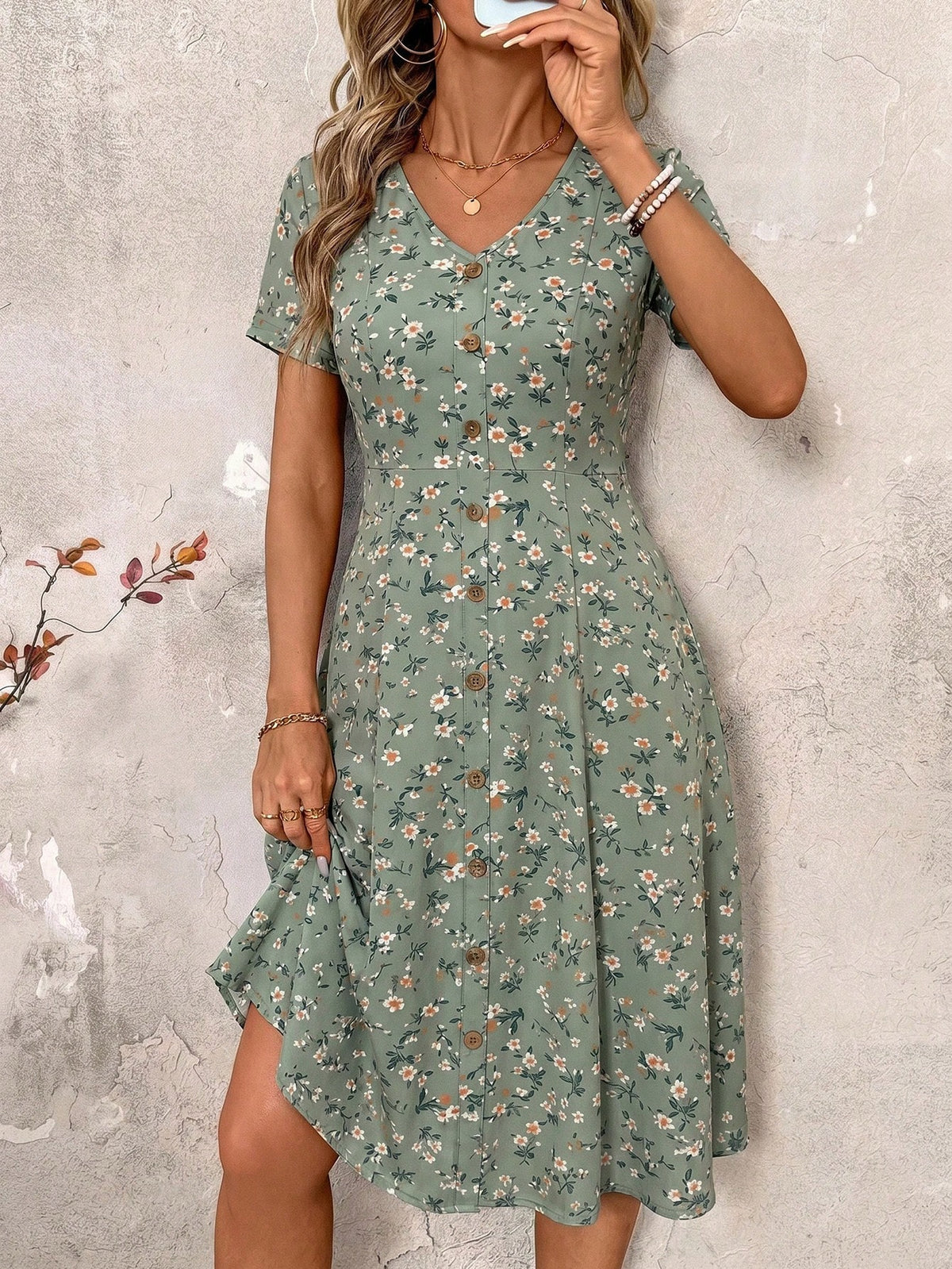 Clasi Women's Dusty Pink Ditsy Floral Casual Gothic 60s Boho Mid-Length Dress, Summer Vacation Picnic Vacation