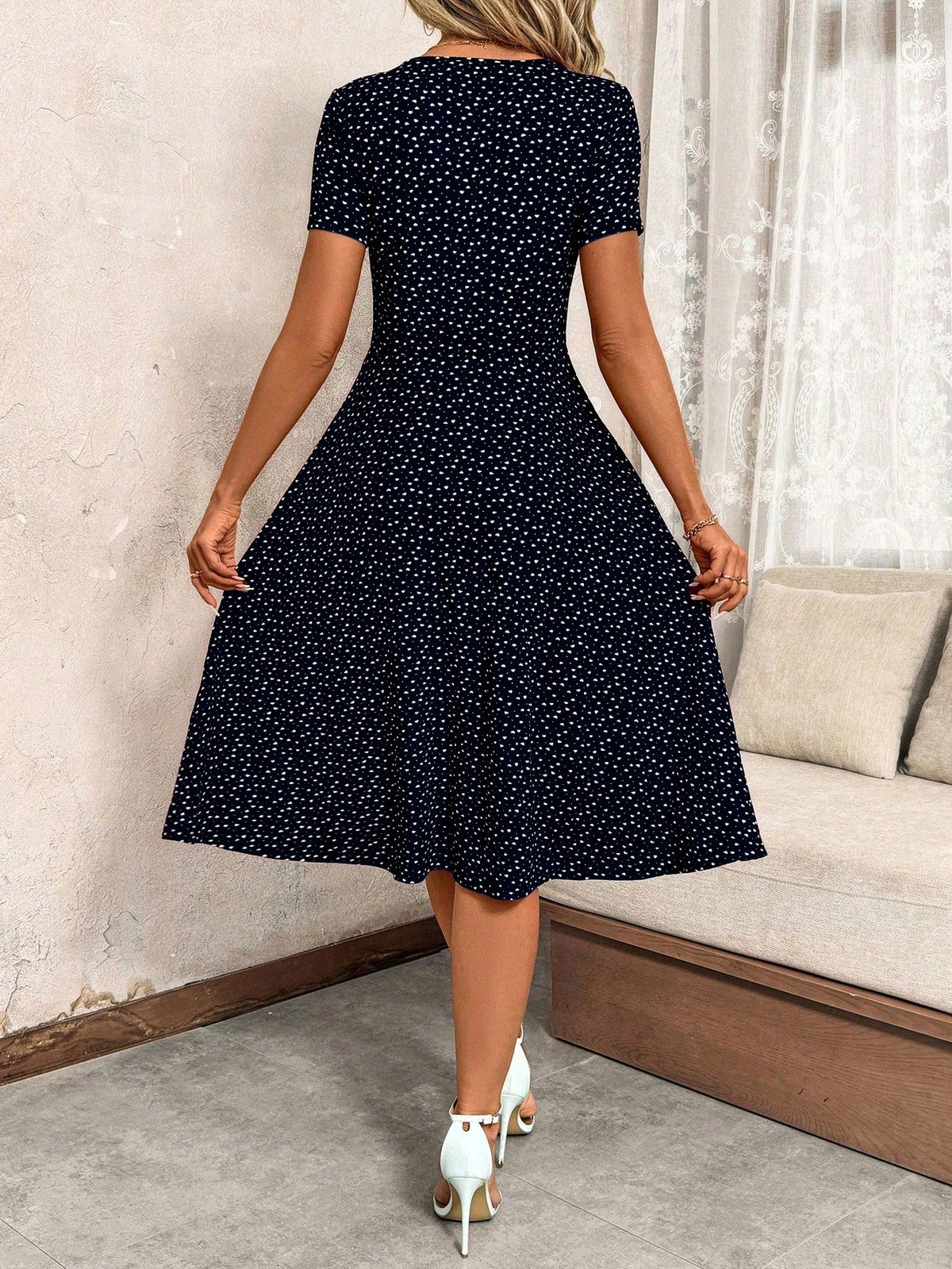 Clasi Women's Dusty Pink Ditsy Floral Casual Gothic 60s Boho Mid-Length Dress, Summer Vacation Picnic Vacation