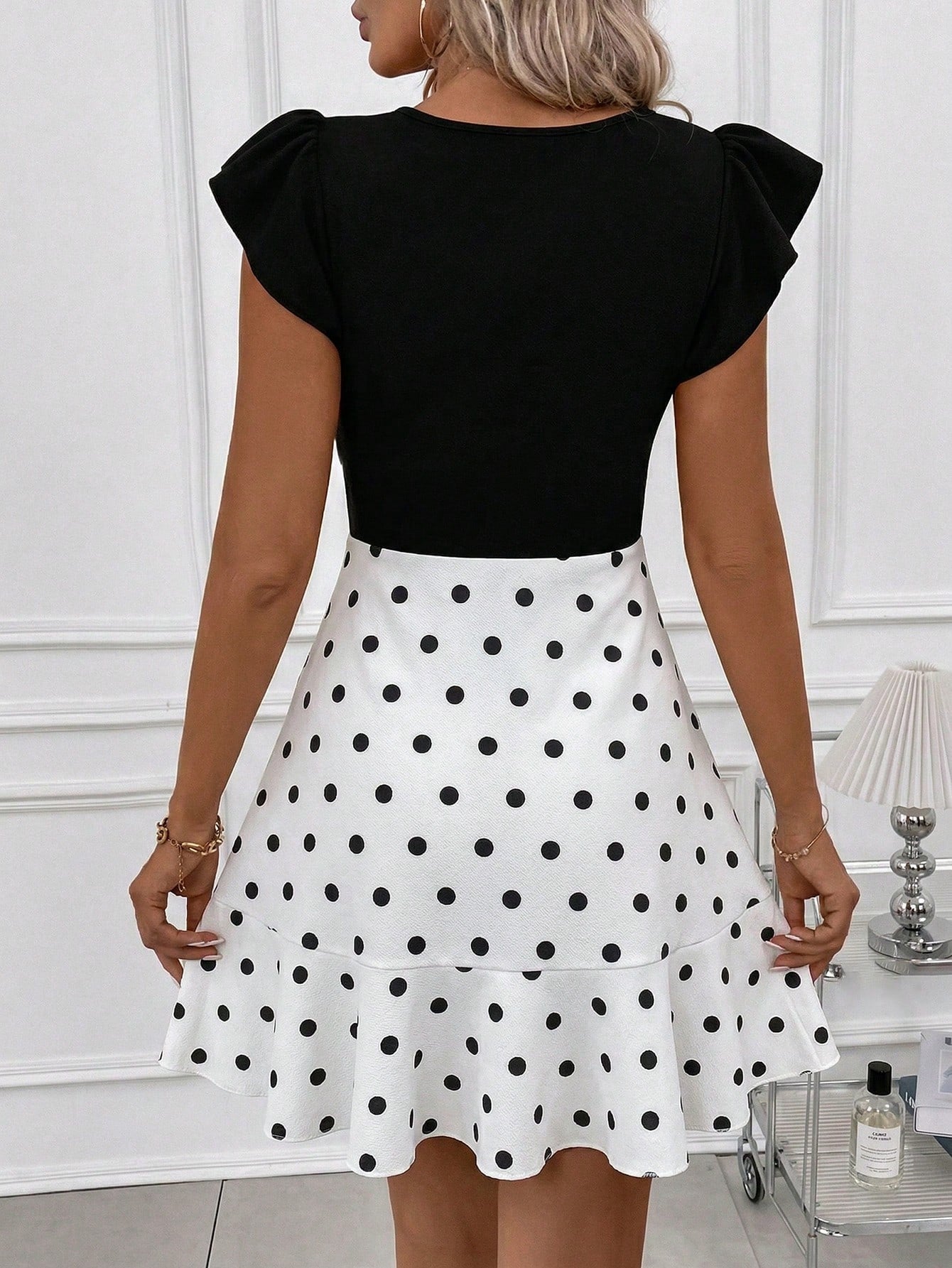 Clasi Women's Elegant French Vintage Black And White Polka Dot Summer Mini Dress, Stretch Knit Flutter Sleeve For Brunch, Tea Party, Vacation