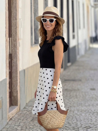 Clasi Women's Elegant French Vintage Black And White Polka Dot Summer Mini Dress, Stretch Knit Flutter Sleeve For Brunch, Tea Party, Vacation