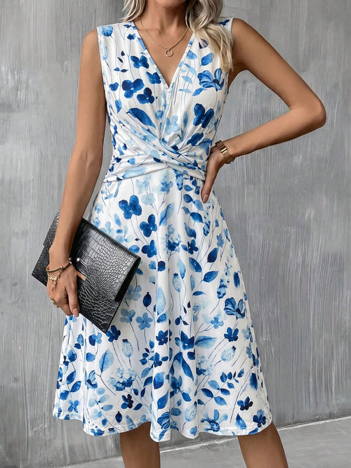 Clasi Women's New Elegant V-Neck Cinched Cinched Waist Twist Knit A-Line Midi Dress, Summer Vacation Dress Vacation White Floral