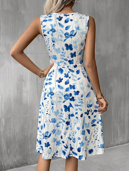 Clasi Women's New Elegant V-Neck Cinched Cinched Waist Twist Knit A-Line Midi Dress, Summer Vacation Dress Vacation White Floral