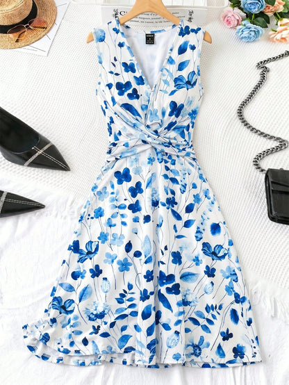 Clasi Women's New Elegant V-Neck Cinched Cinched Waist Twist Knit A-Line Midi Dress, Summer Vacation Dress Vacation White Floral