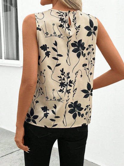 Clasi Women's Pleated Crewneck Sleeveless Fitted Plant Print Blouse, Elegant Casual Spring/Summer Wear Office Black Floral