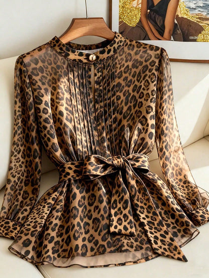 Clasi Women's Plus Size Leopard Print Chiffon Blouse, Elegant Brown Autumn Crew Neck Top With Metal Button, Casual Daily Office Wear Blouse, Fall