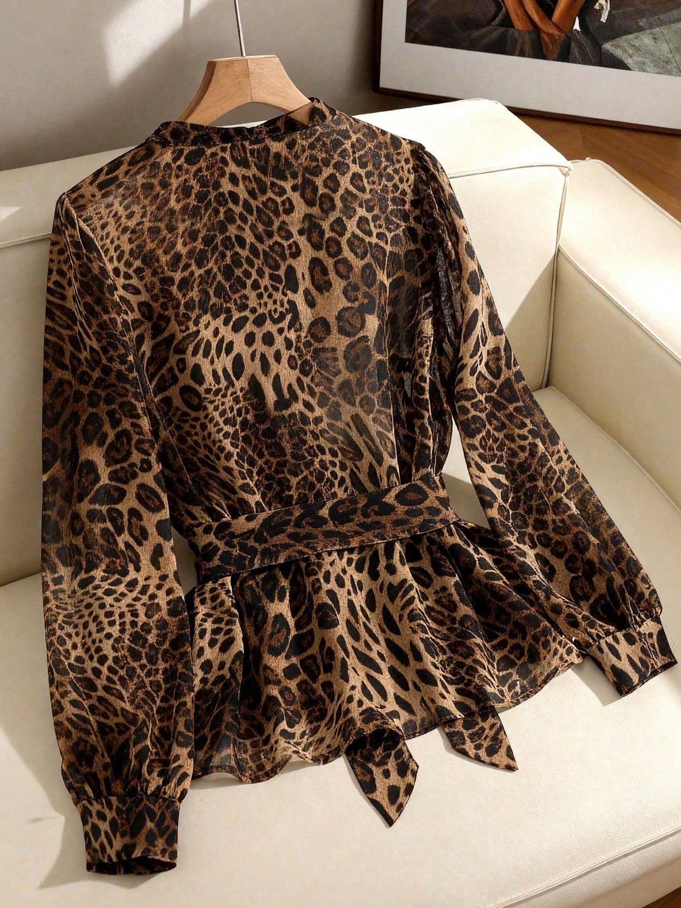 Clasi Women's Plus Size Leopard Print Chiffon Blouse, Elegant Brown Autumn Crew Neck Top With Metal Button, Casual Daily Office Wear Blouse, Fall