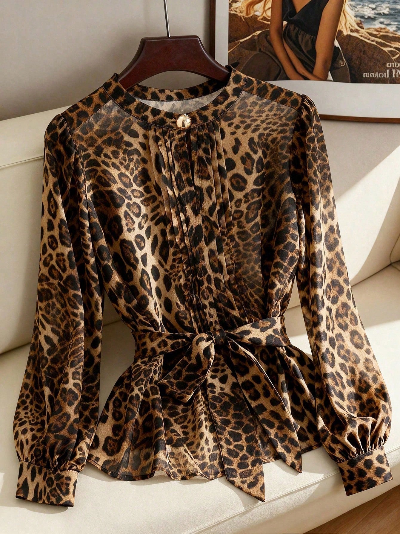 Clasi Women's Plus Size Leopard Print Chiffon Blouse, Elegant Brown Autumn Crew Neck Top With Metal Button, Casual Daily Office Wear Blouse, Fall