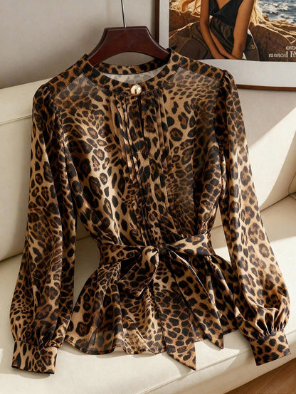 Clasi Women's Plus Size Leopard Print Chiffon Blouse, Elegant Brown Autumn Crew Neck Top With Metal Button, Casual Daily Office Wear Blouse, Fall