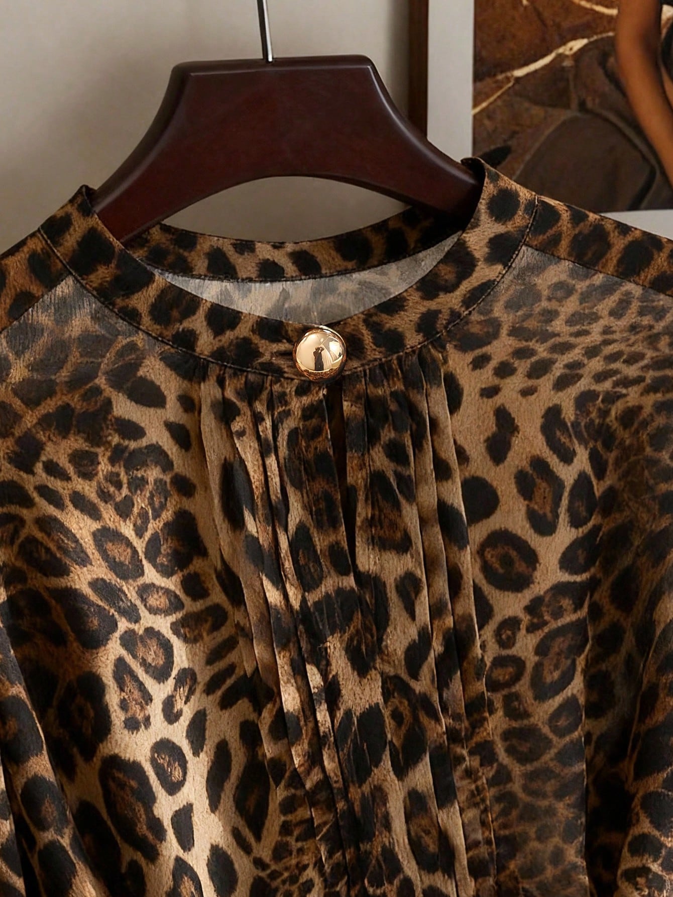 Clasi Women's Plus Size Leopard Print Chiffon Blouse, Elegant Brown Autumn Crew Neck Top With Metal Button, Casual Daily Office Wear Blouse, Fall