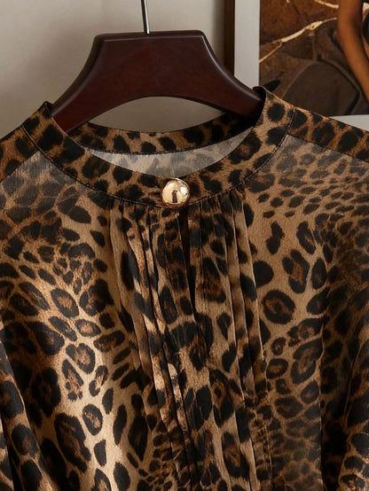 Clasi Women's Plus Size Leopard Print Chiffon Blouse, Elegant Brown Autumn Crew Neck Top With Metal Button, Casual Daily Office Wear Blouse, Fall