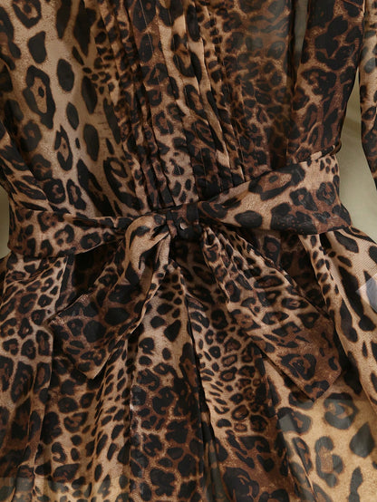 Clasi Women's Plus Size Leopard Print Chiffon Blouse, Elegant Brown Autumn Crew Neck Top With Metal Button, Casual Daily Office Wear Blouse, Fall