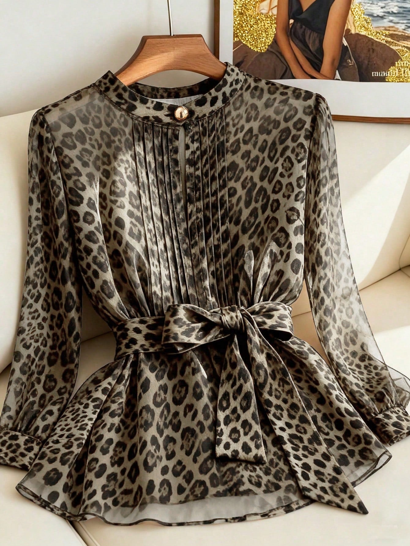 Clasi Women's Plus Size Leopard Print Chiffon Blouse, Elegant Brown Autumn Crew Neck Top With Metal Button, Casual Daily Office Wear Blouse, Fall