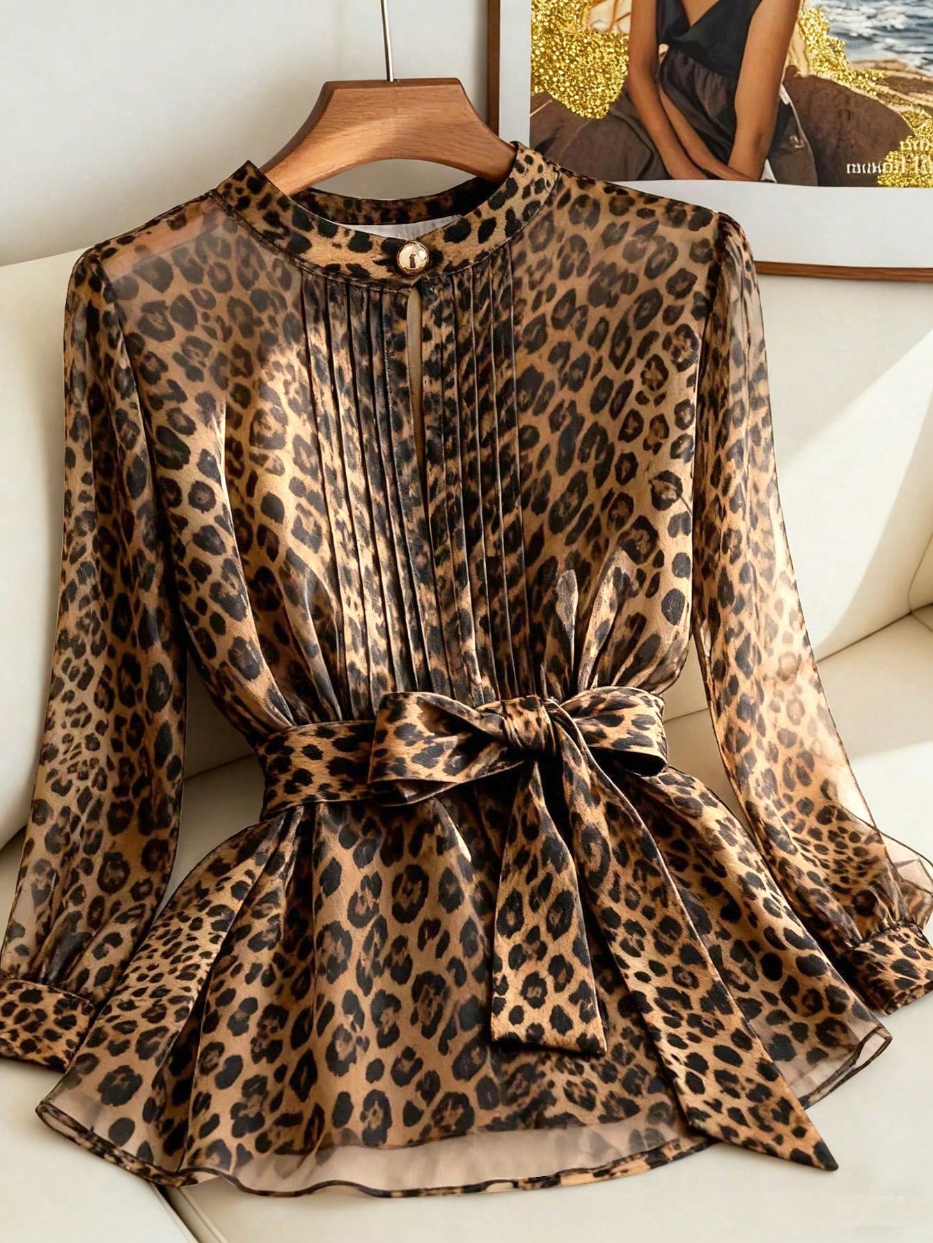 Clasi Women's Plus Size Leopard Print Chiffon Blouse, Elegant Brown Autumn Crew Neck Top With Metal Button, Casual Daily Office Wear Blouse, Fall