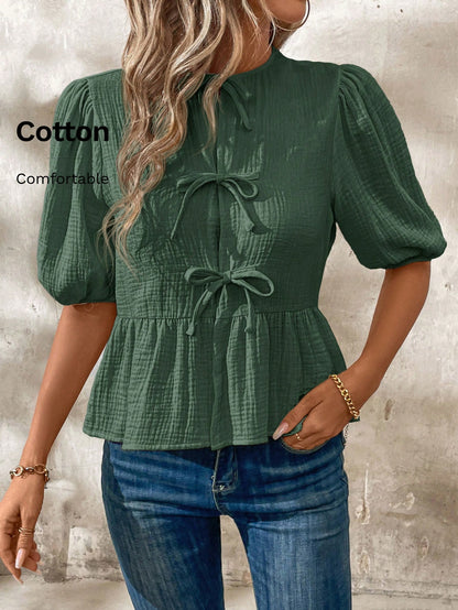 Clasi Women's Summer Bow Tie Front Ruffle Hem Puff Sleeve Cute Peter Pan Collar Blouse