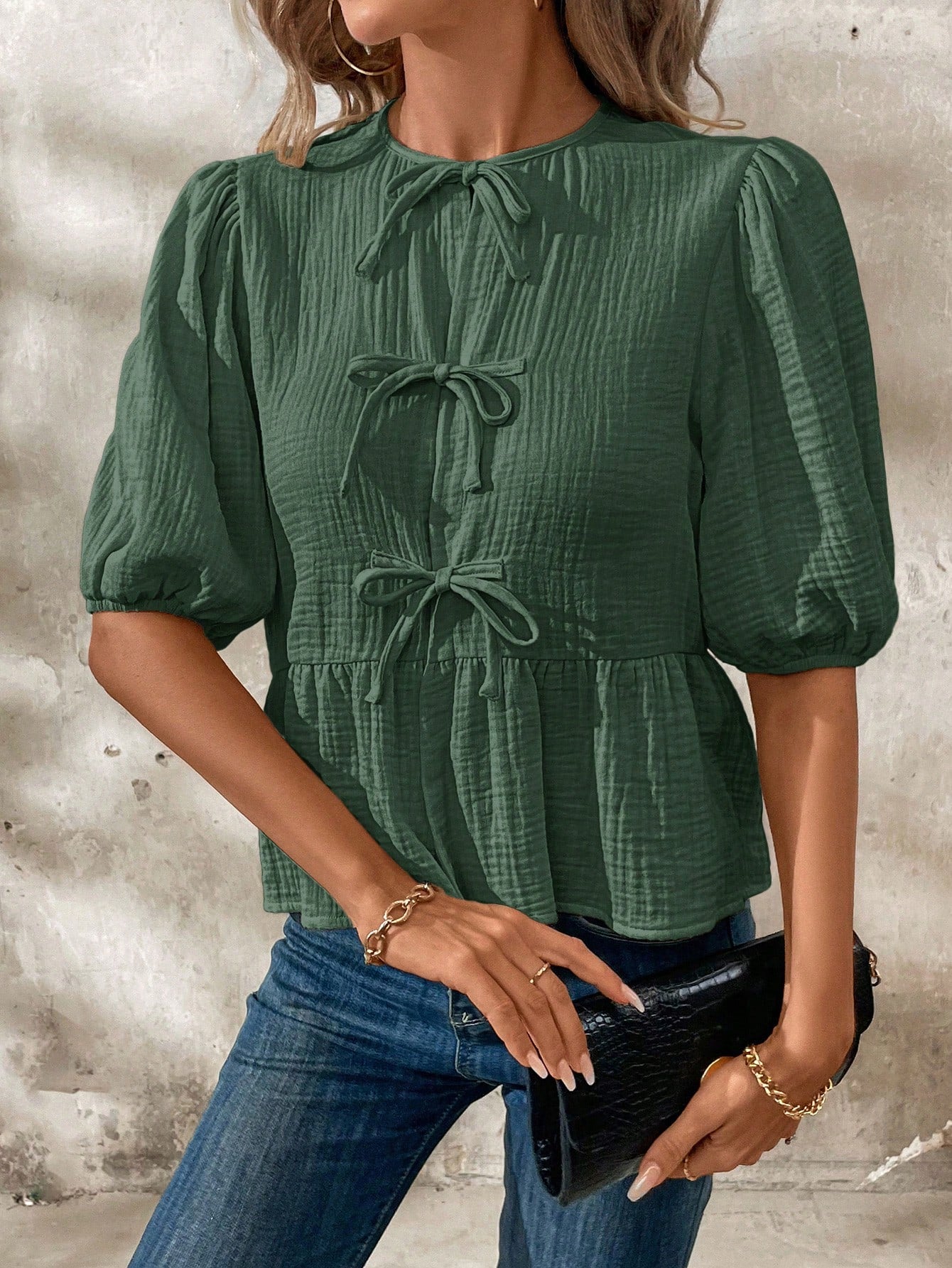Clasi Women's Summer Bow Tie Front Ruffle Hem Puff Sleeve Cute Peter Pan Collar Blouse