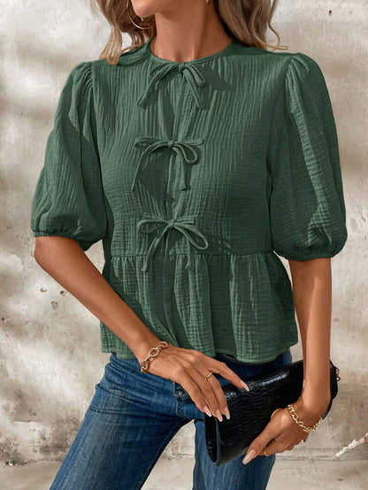 Clasi Women's Summer Bow Tie Front Ruffle Hem Puff Sleeve Cute Peter Pan Collar Blouse
