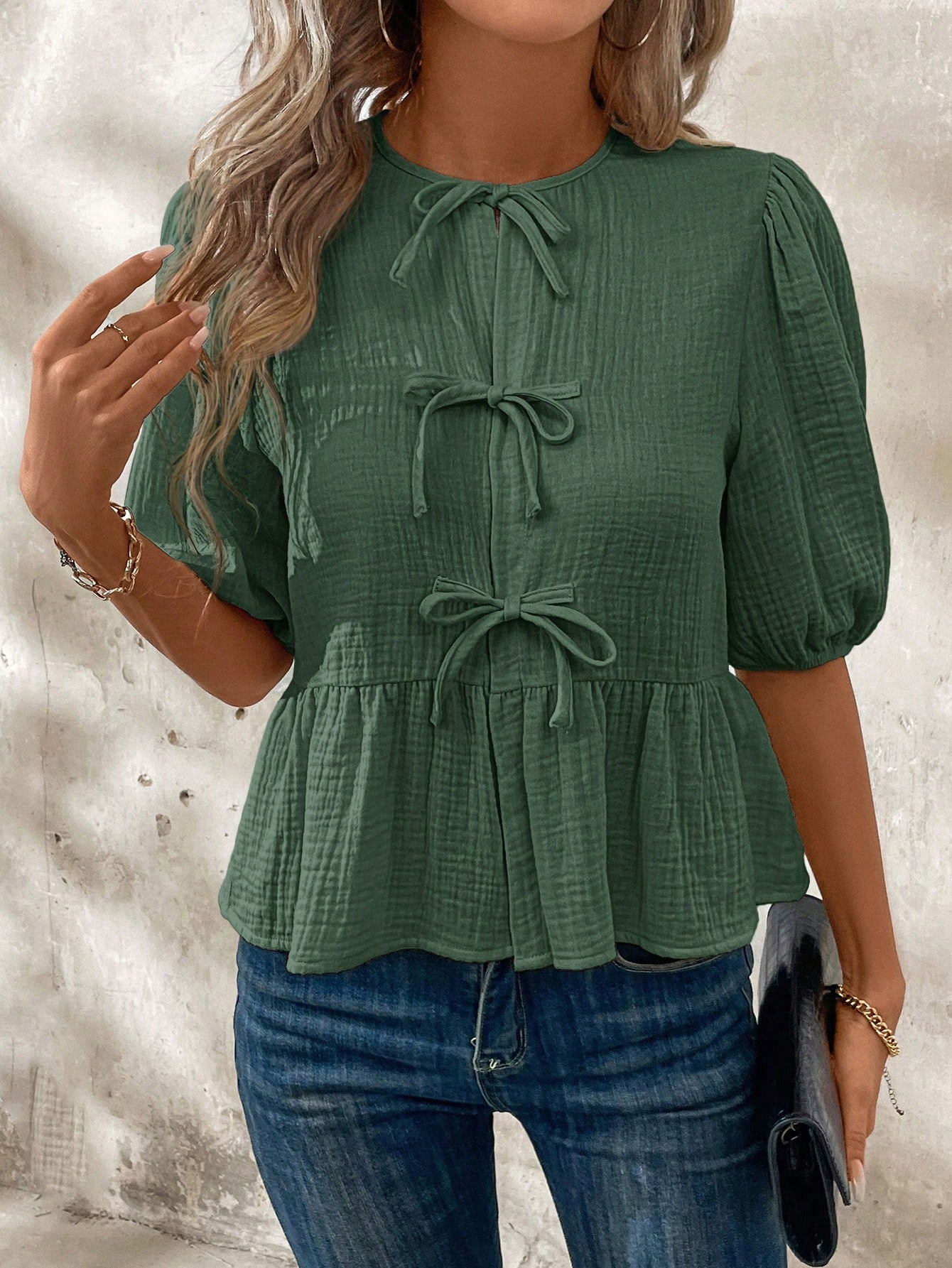 Clasi Women's Summer Bow Tie Front Ruffle Hem Puff Sleeve Cute Peter Pan Collar Blouse