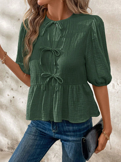 Clasi Women's Summer Bow Tie Front Ruffle Hem Puff Sleeve Cute Peter Pan Collar Blouse