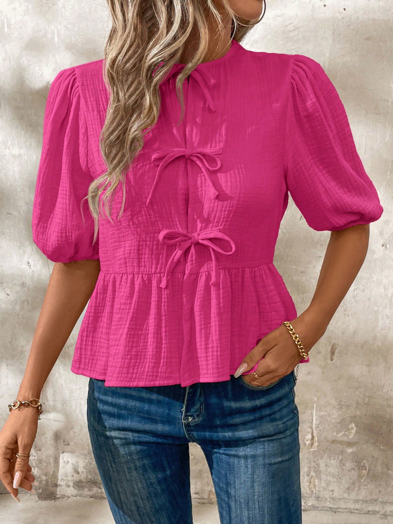 Clasi Women's Summer Bow Tie Front Ruffle Hem Puff Sleeve Cute Peter Pan Collar Blouse