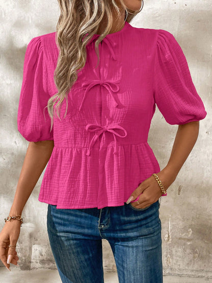 Clasi Women's Summer Bow Tie Front Ruffle Hem Puff Sleeve Cute Peter Pan Collar Blouse