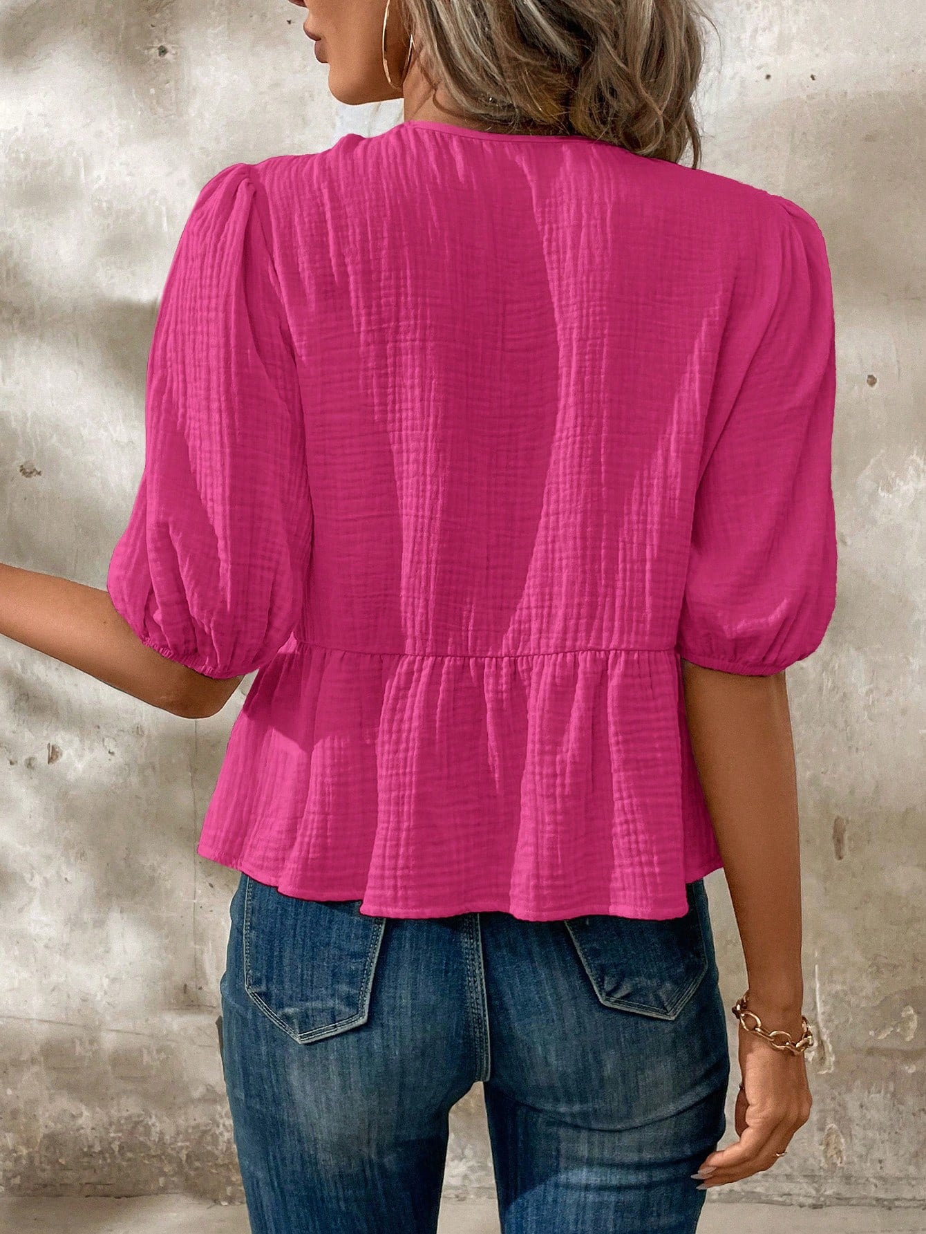 Clasi Women's Summer Bow Tie Front Ruffle Hem Puff Sleeve Cute Peter Pan Collar Blouse