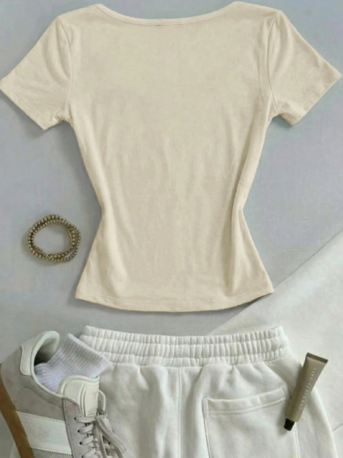 Classic Cream White Square Neck Slim-Fit Short-Sleeve T-Shirt,Chic Elegant Vacation T-Shirt,Summer Fashionable Top,Mother's Day Gift For Mom Sisters