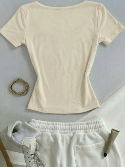 Classic Cream White Square Neck Slim-Fit Short-Sleeve T-Shirt,Chic Elegant Vacation T-Shirt,Summer Fashionable Top,Mother's Day Gift For Mom Sisters