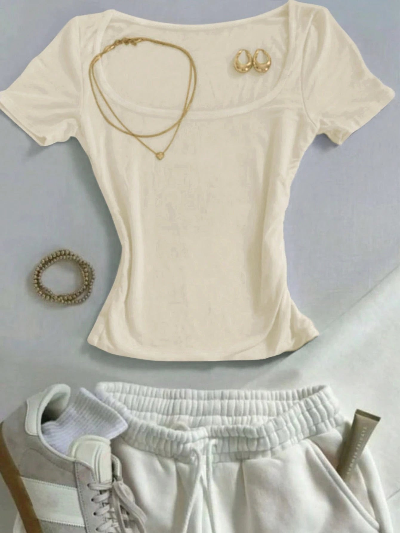 Classic Cream White Square Neck Slim-Fit Short-Sleeve T-Shirt,Chic Elegant Vacation T-Shirt,Summer Fashionable Top,Mother's Day Gift For Mom Sisters