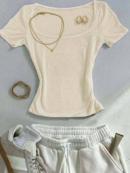 Classic Cream White Square Neck Slim-Fit Short-Sleeve T-Shirt,Chic Elegant Vacation T-Shirt,Summer Fashionable Top,Mother's Day Gift For Mom Sisters