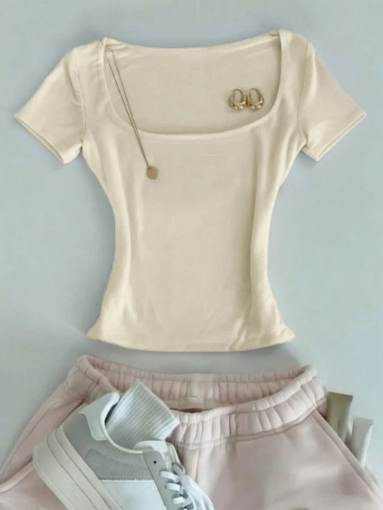 Classic Cream White Square Neck Slim-Fit Short-Sleeve T-Shirt,Chic Elegant Vacation T-Shirt,Summer Fashionable Top,Mother's Day Gift For Mom Sisters
