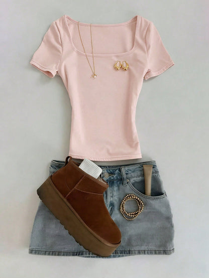 Classic Cream White Square Neck Slim-Fit Short-Sleeve T-Shirt,Chic Elegant Vacation T-Shirt,Summer Fashionable Top,Mother's Day Gift For Mom Sisters