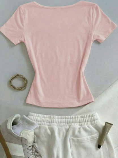 Classic Cream White Square Neck Slim-Fit Short-Sleeve T-Shirt,Chic Elegant Vacation T-Shirt,Summer Fashionable Top,Mother's Day Gift For Mom Sisters