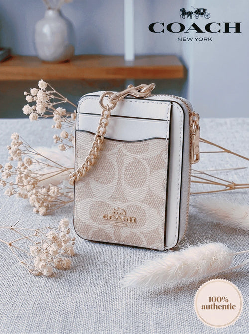 Coach Wallet For Women Coin Case Zip Card Case With Chain Wrist Strap Short Card Holder ID Wallet Card Case Leather Purse With ID Window In Signature Canvas