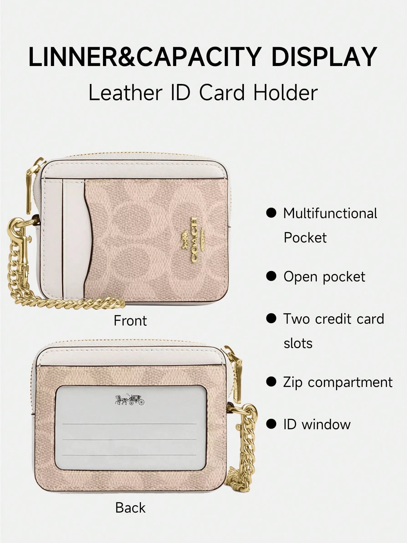 Coach Wallet For Women Coin Case Zip Card Case With Chain Wrist Strap Short Card Holder ID Wallet Card Case Leather Purse With ID Window In Signature Canvas
